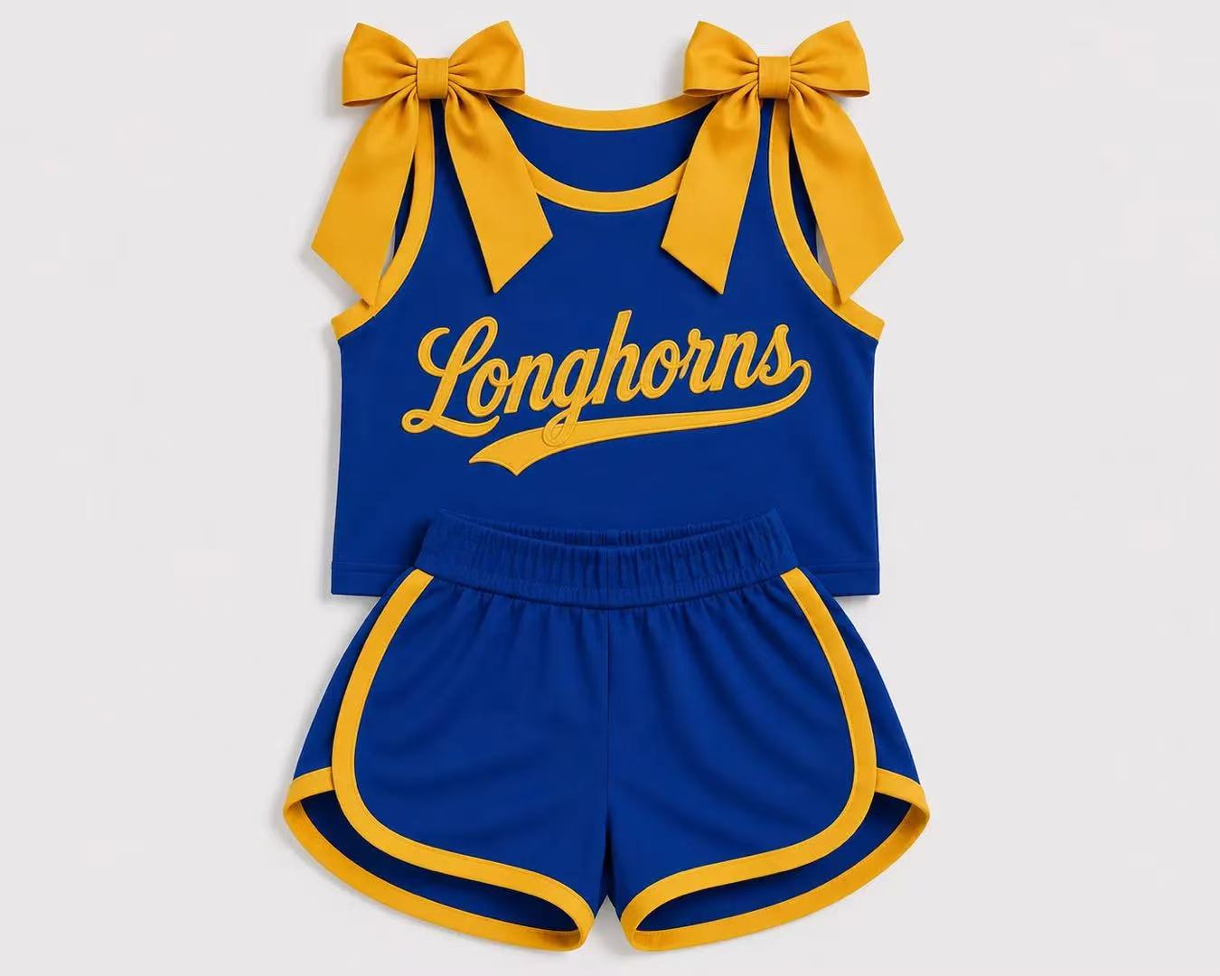 (Custom Design Preorder MOQ 5) Girls Bow Strap Longorns Tank & Shorts Sport Team Outfit