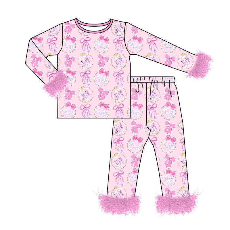 (Custom Design Preorder MOQ 5) JOY Bows Pink Print Girls Christmas Fur Pajamas Clothes Set