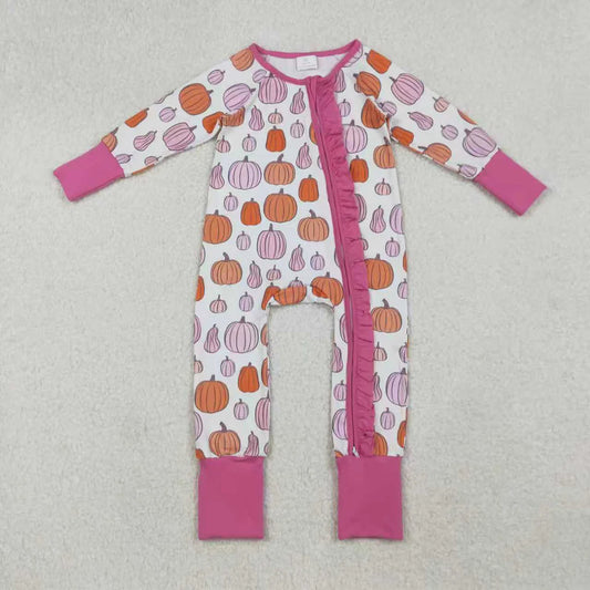 Sibling Baby Girls Pink Pumpkins Fall Pajamas Sets Ruffle Zipper Footie Rompers