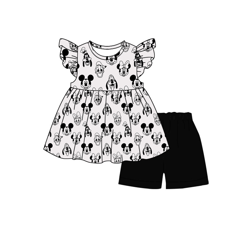 (Custom Design Preorder MOQ 5) Cartoon Mouse Tunic Top Black Shorts Baby Girls Summer Outfits