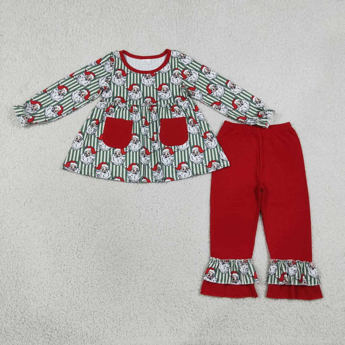 GLP3454 Santa Green Stripes Tunic Top Red Ruffle Pants Girls Christmas Clothes Set