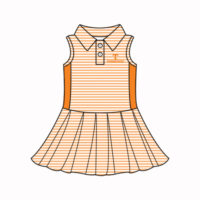 (Custom Design Preorder MOQ 5) Baby Girls Orange Stripe Tennessee Button Team Knee Length Dresses