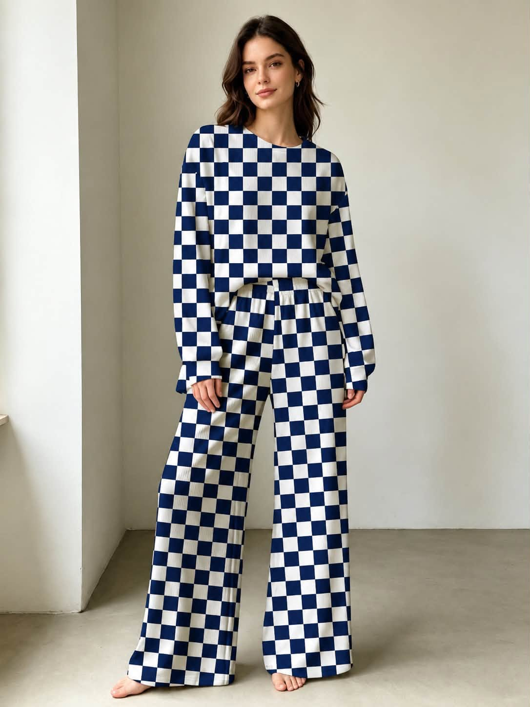 Preorder (5 MOQ) Royal Blue Checked Long Sleeve Top Logo Pockets Pants Girls & Woman Clothes Set