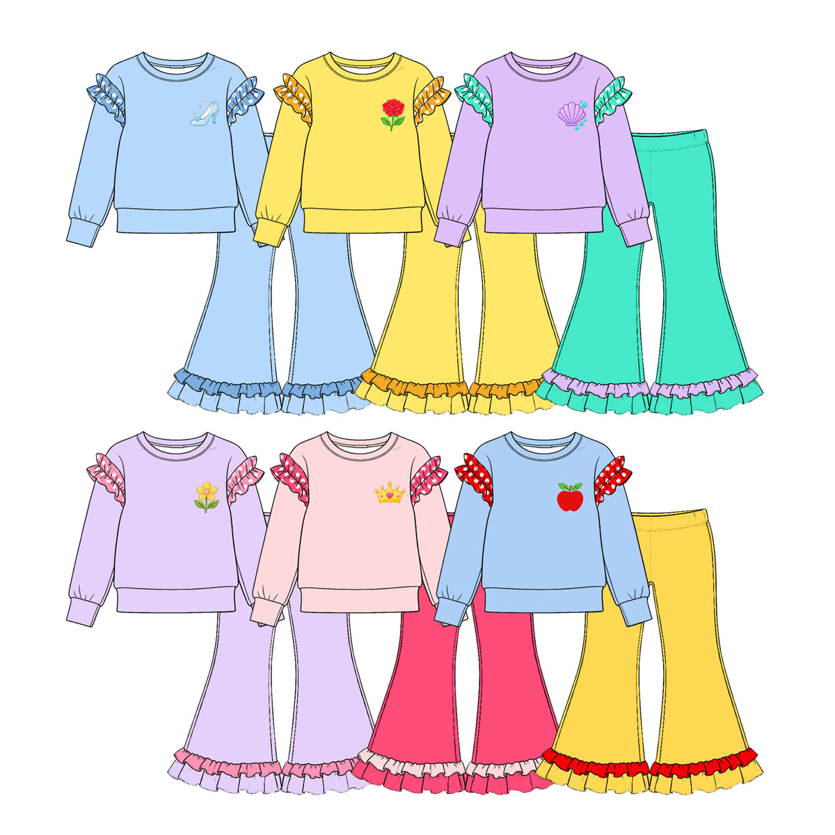 (Custom Design Preorder MOQ 5 Each) Cartoon Princess Print Girls Ruffles Clothes Set Sisters Wear