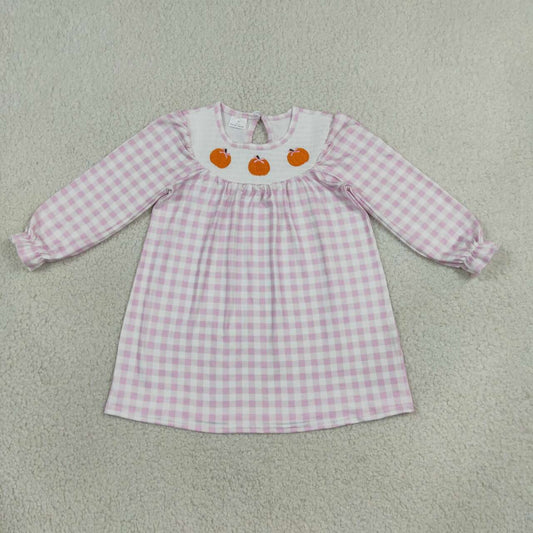 GLD1649 Pumpkin Embroidery Gingham Baby Girls Fall Smocked Dress