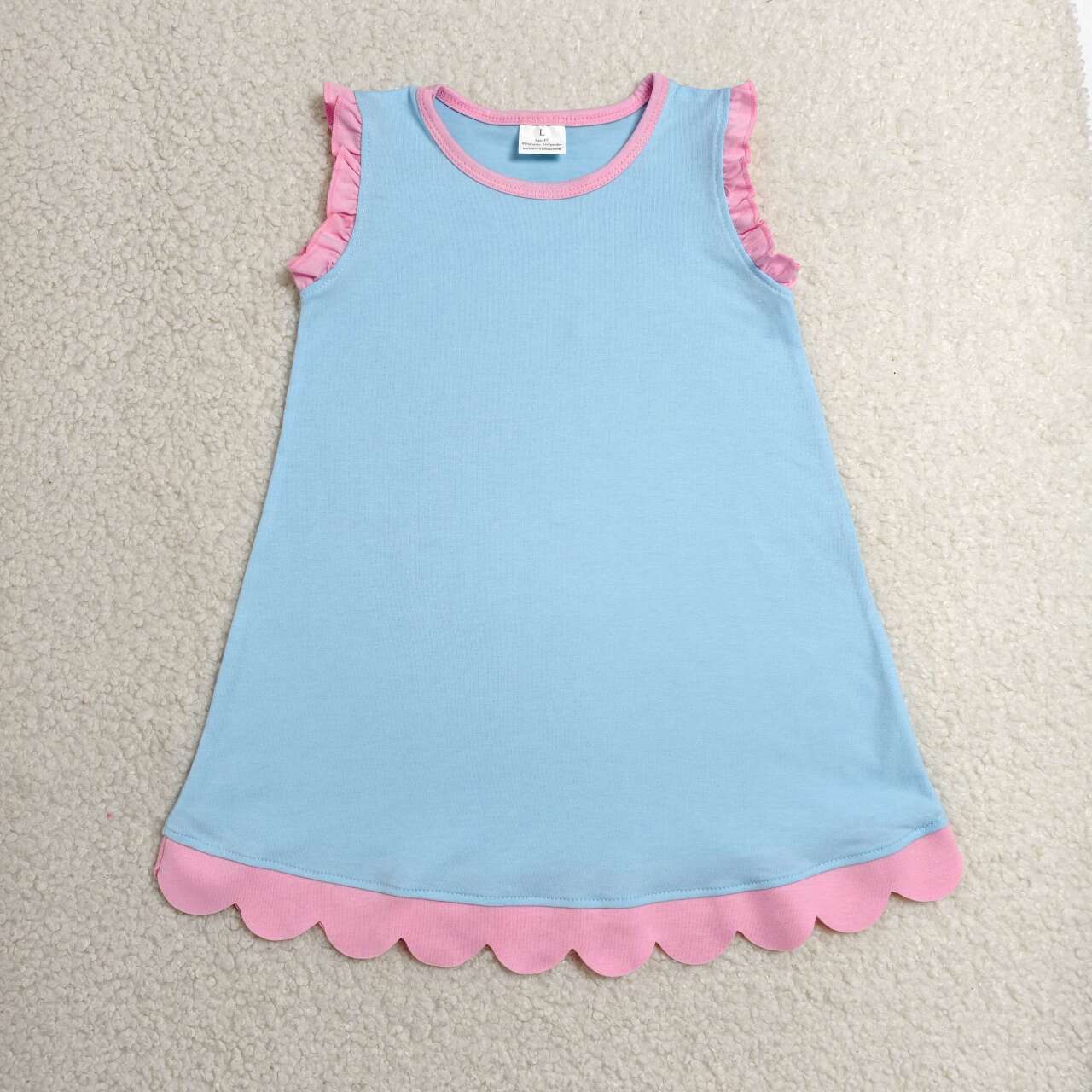 GSD4048 Blue Cotton Scalloped Edge Ruffle Girls Knee Length Dress
