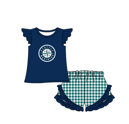 (Custom Preorder MOQ 5) Baby Girls Seattle Mariners Top Checked Ruffle Short Team Outfit