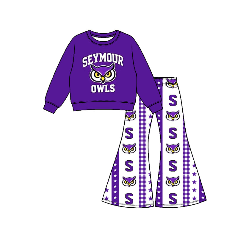 Preorder( 5 MOQ) Baby Girls Seymour Owls Top Bell Bottom Pants Outfit
