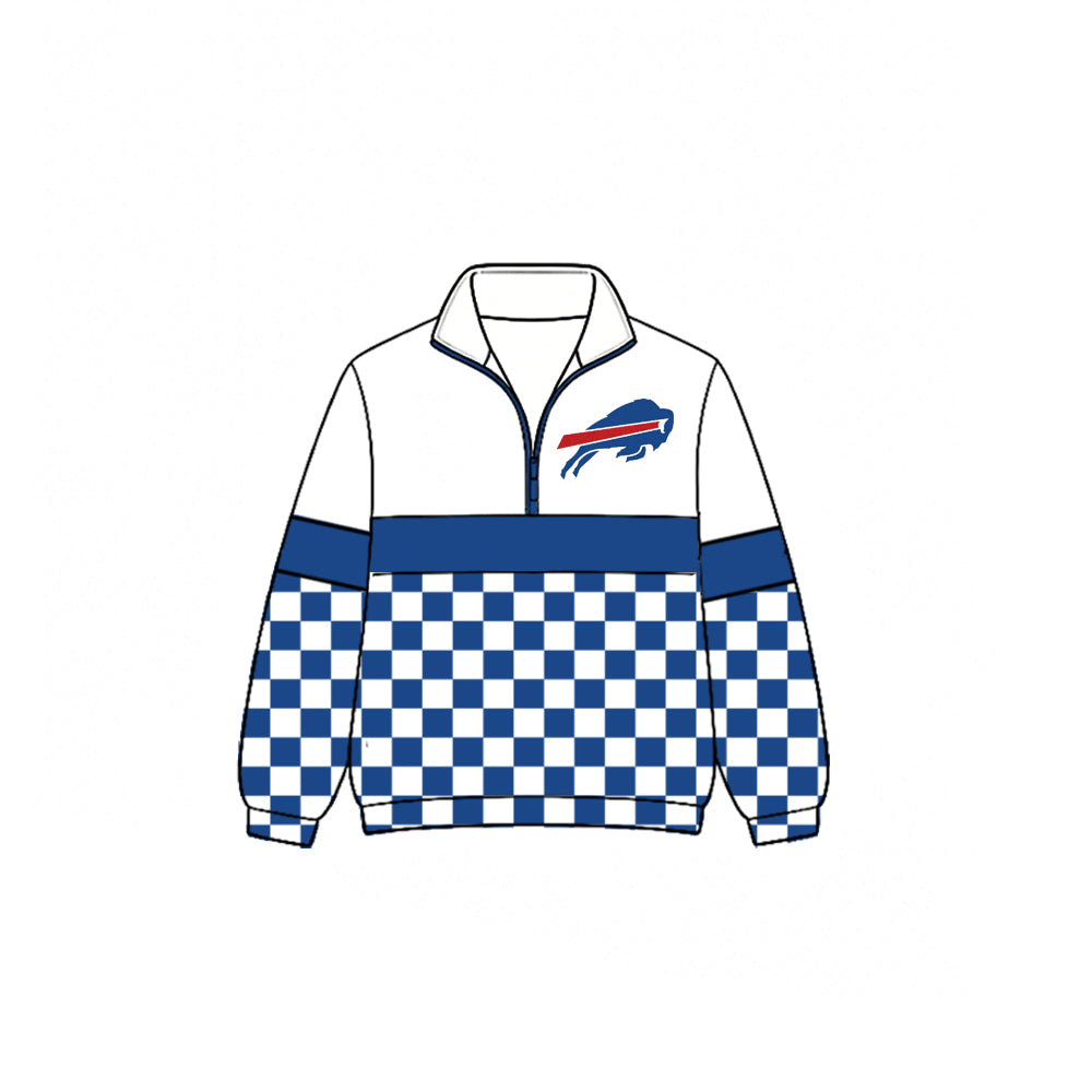 (Custom Design Preorder MOQ 5) Teams Bills Plaid Print Kids & Adult Long Sleeve Zipper Pullover Jacket