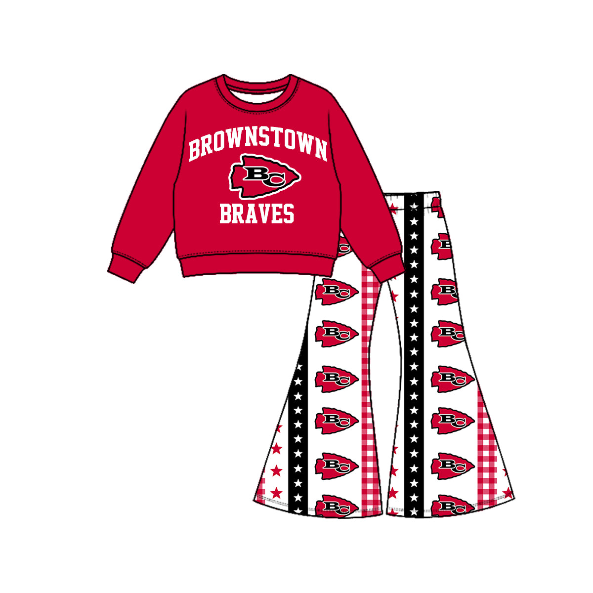 Preorder( 5 MOQ) Baby Girls Brownstown Braves Top Bell Bottom Pants Outfit