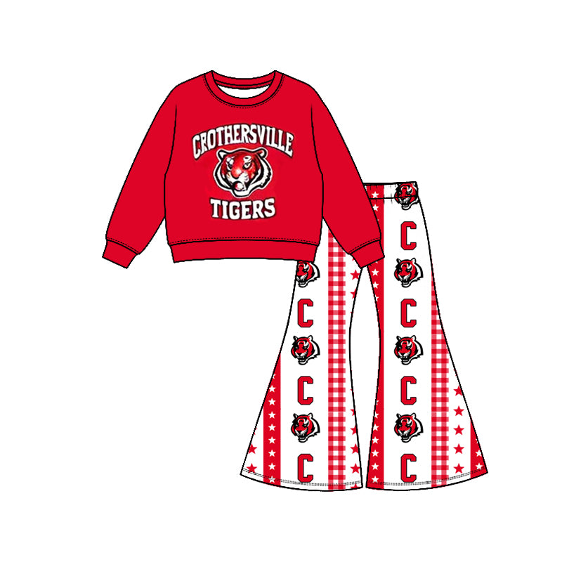 Preorder( 5 MOQ) Baby Girls Crothersville Tigers Top Bell Bottom Pants Outfit