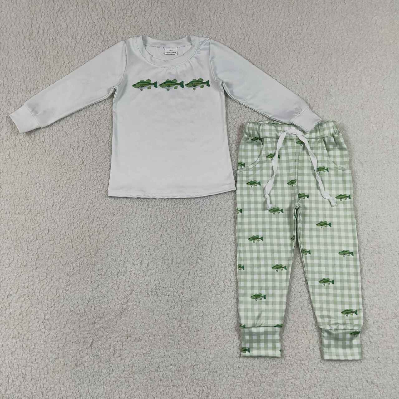 Toddler Boys Fish Grey Long Sleeve Top with Gingham Pants Outfit