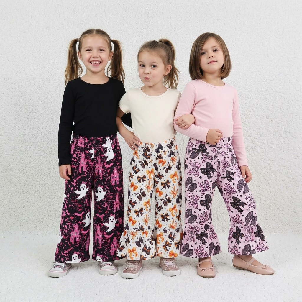 Sibling Baby Girls Halloween Ghost Bow Wide Leg Pants