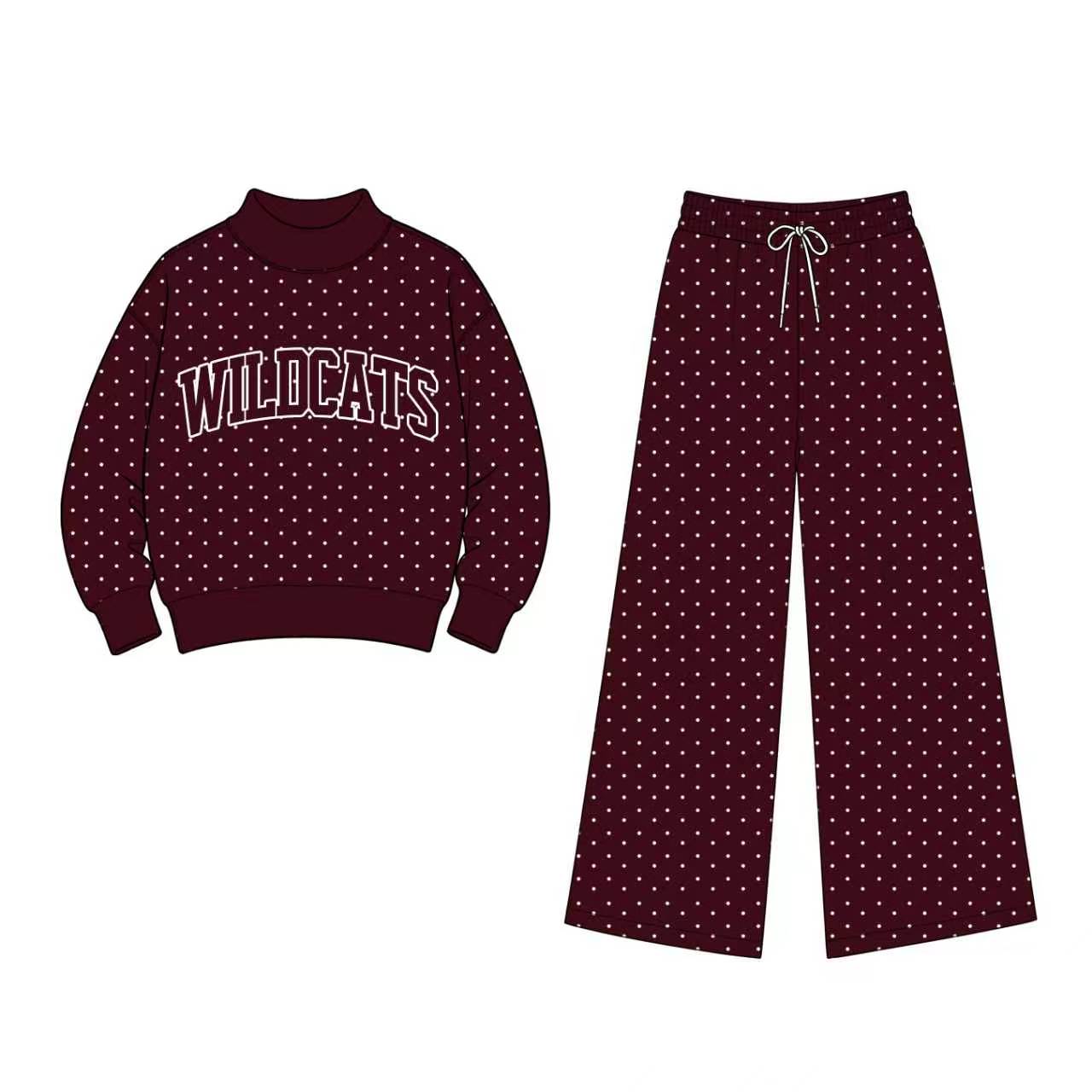(Custom Design Preorder MOQ 5) Teams Wildcats Polka Dot Long Sleeve Top Pants Outfit