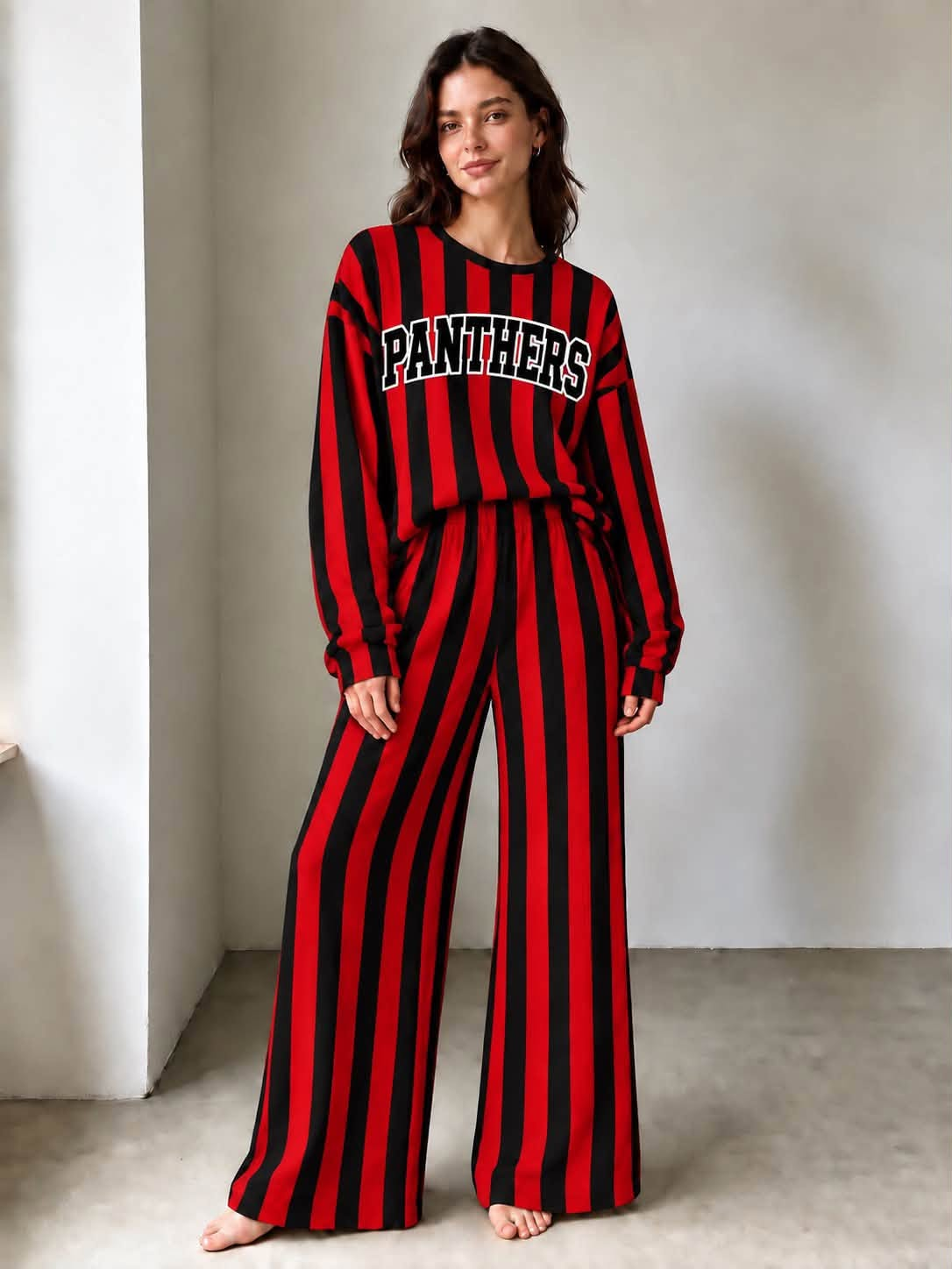 Preorder (5 MOQ) Panthers Red Black Striped Long Sleeve Top Logo Pockets Pants Girls & Woman Clothes Set