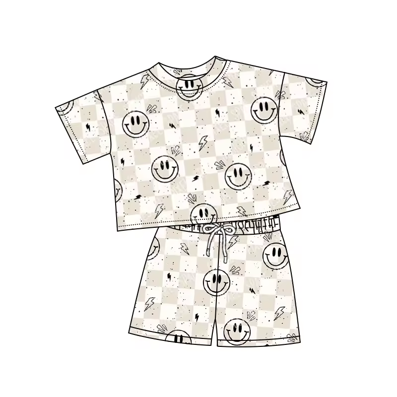 (Custom Design Preorder MOQ 5) Smiling Plaid Print Kids Summer Clothes Set
