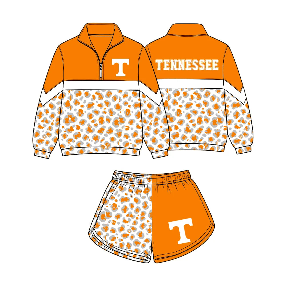 (Custom Design Preorder MOQ 5) Baby Girls Grey Orange Leopard Tennessee Zip Pullovers Short Team Clothes Set