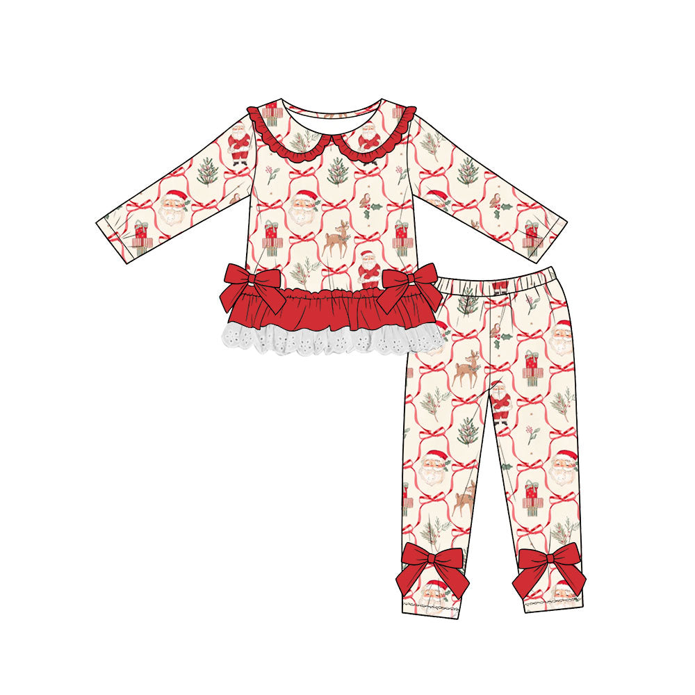 (Custom Design Preorder MOQ 5) Santa Bows Holly Ruffle Top Legging Pants Girls Christmas Clothes Set