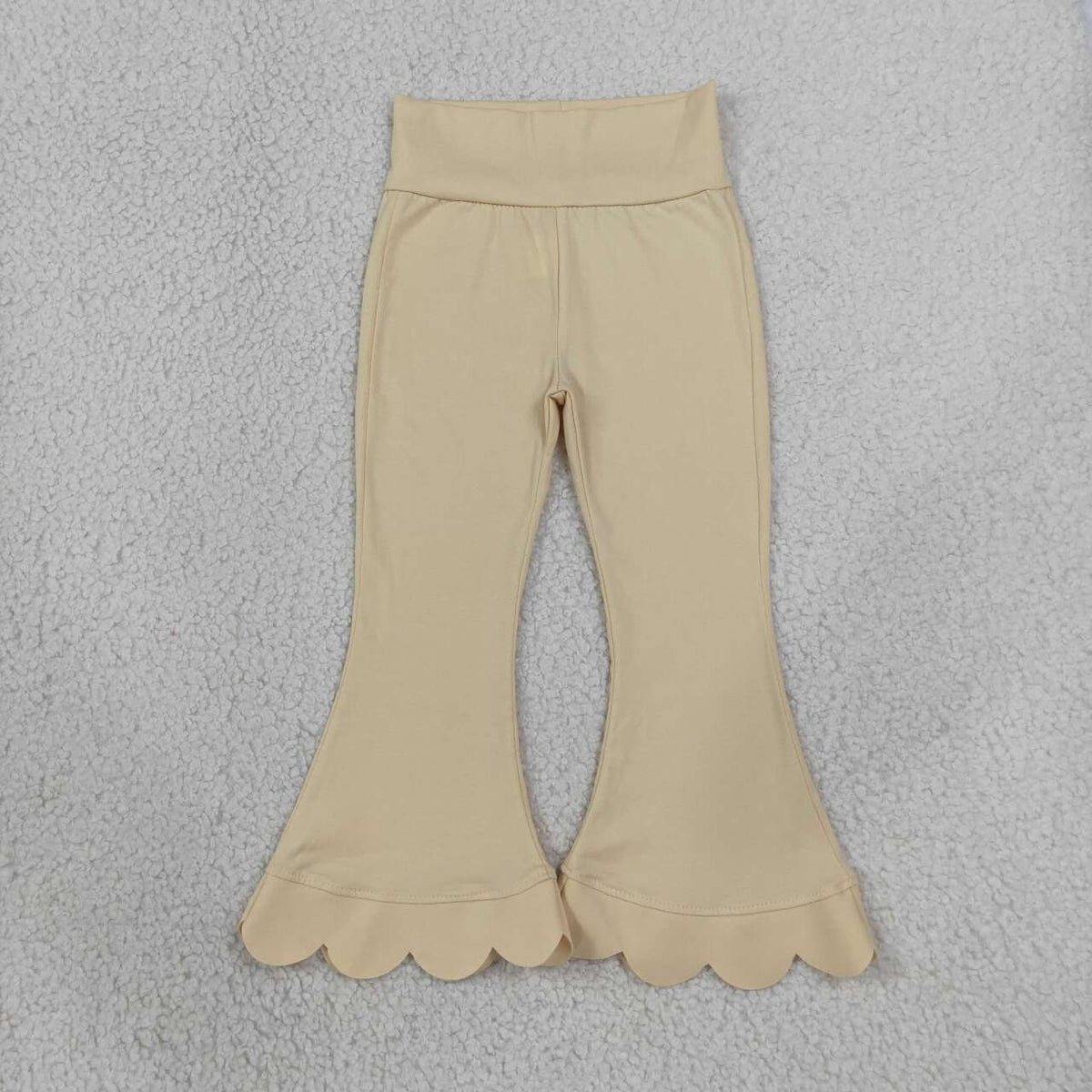 P1078 Khaki Cotton Girls Scallop Edge Bell Bottom Pants