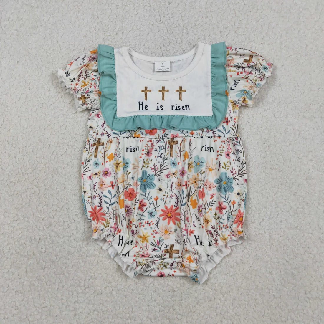 Sibling Baby Girls He is Risen Crosses Flowers Easter Knee Length Dresses Rompers