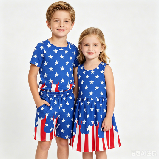 Stars Drip Print Boys Outfits Girls Yoga Dress Sibling 4th of July Matching Clothes