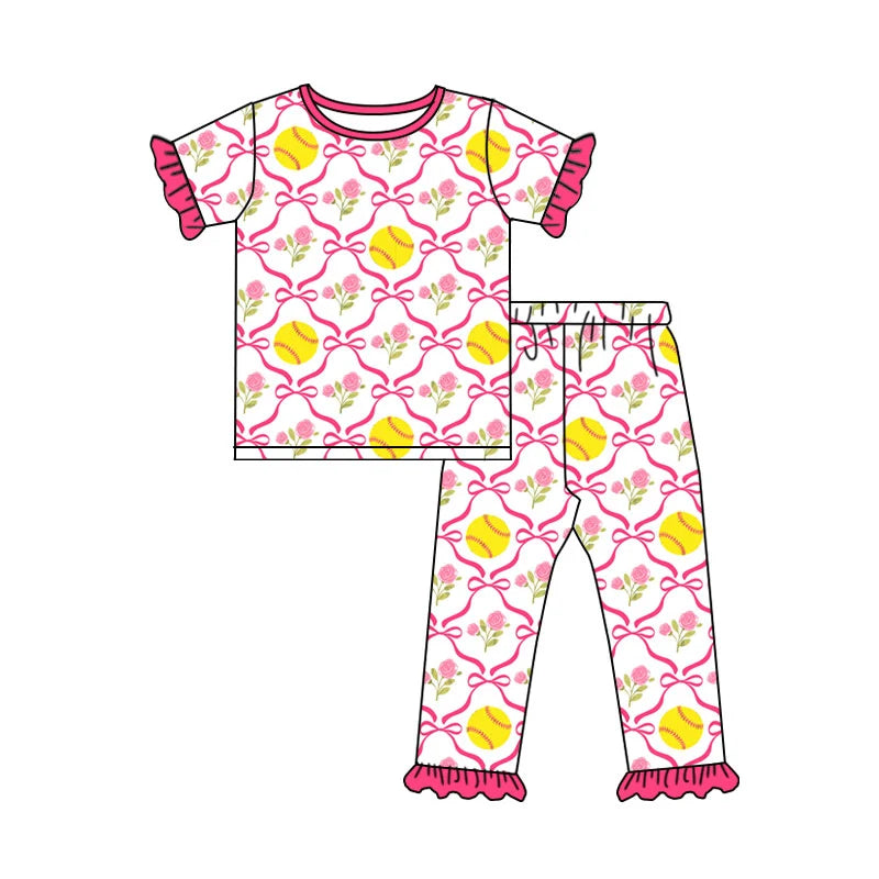 Preorder 5 MOQ Baby Girls Flowers Softball Short Sleeve Pants Pajama Set