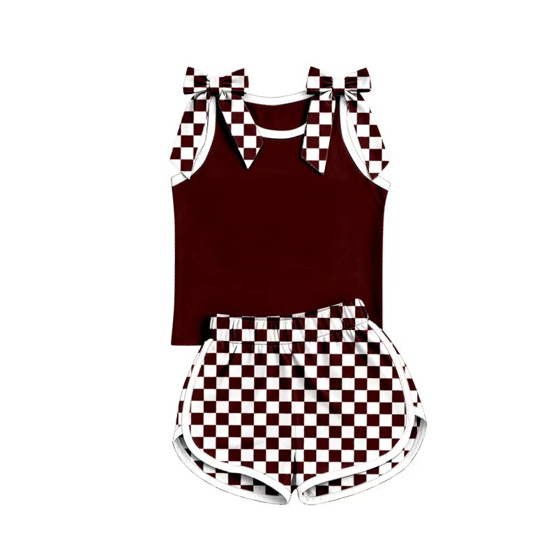 (Custom Design Preorder MOQ 5) Girls Bow Strap Maroo Tank & Shorts Sport Team Outfit