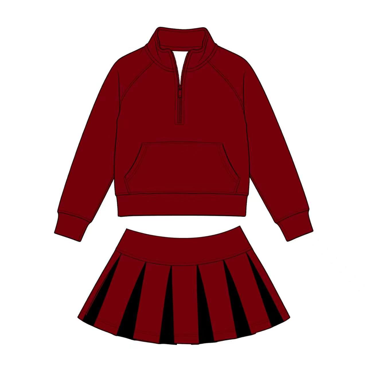 (Custom Design Preorder MOQ 5) Kids Girls Sport Team Maroon Long Sleeve Pullover Top with Skort Outfit