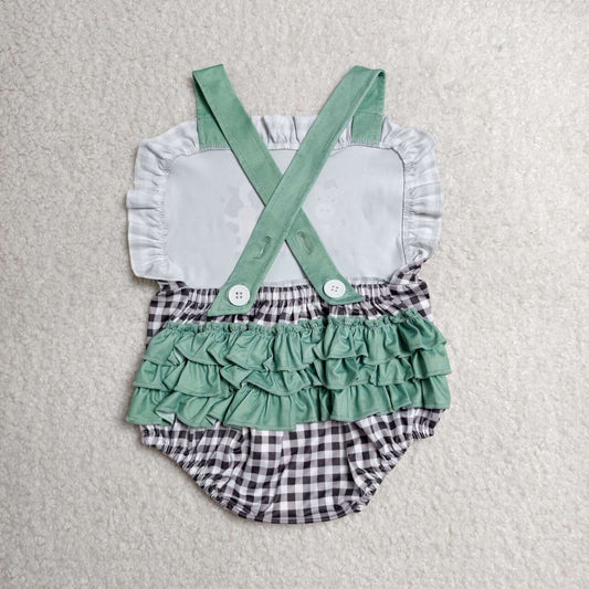 SR3866 Farm Animals Plaid Print Baby Girls Backless Strap Romper