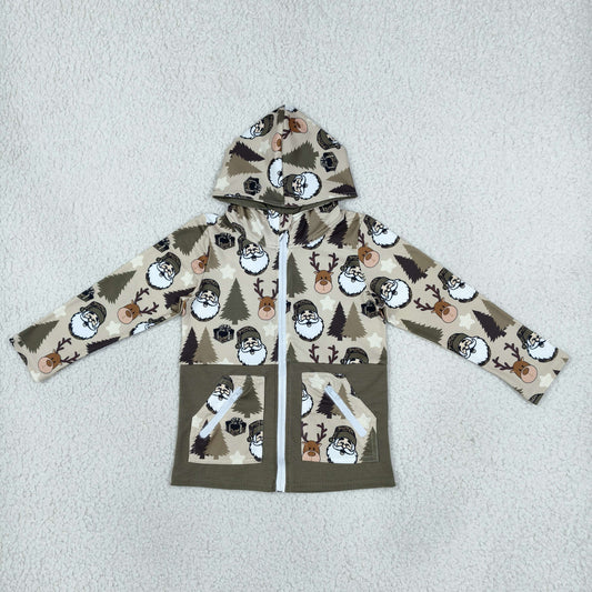 BT1328 Tree Santa Deer Print Boys Christmas Zipper Pockets Jackets Hoodie Top