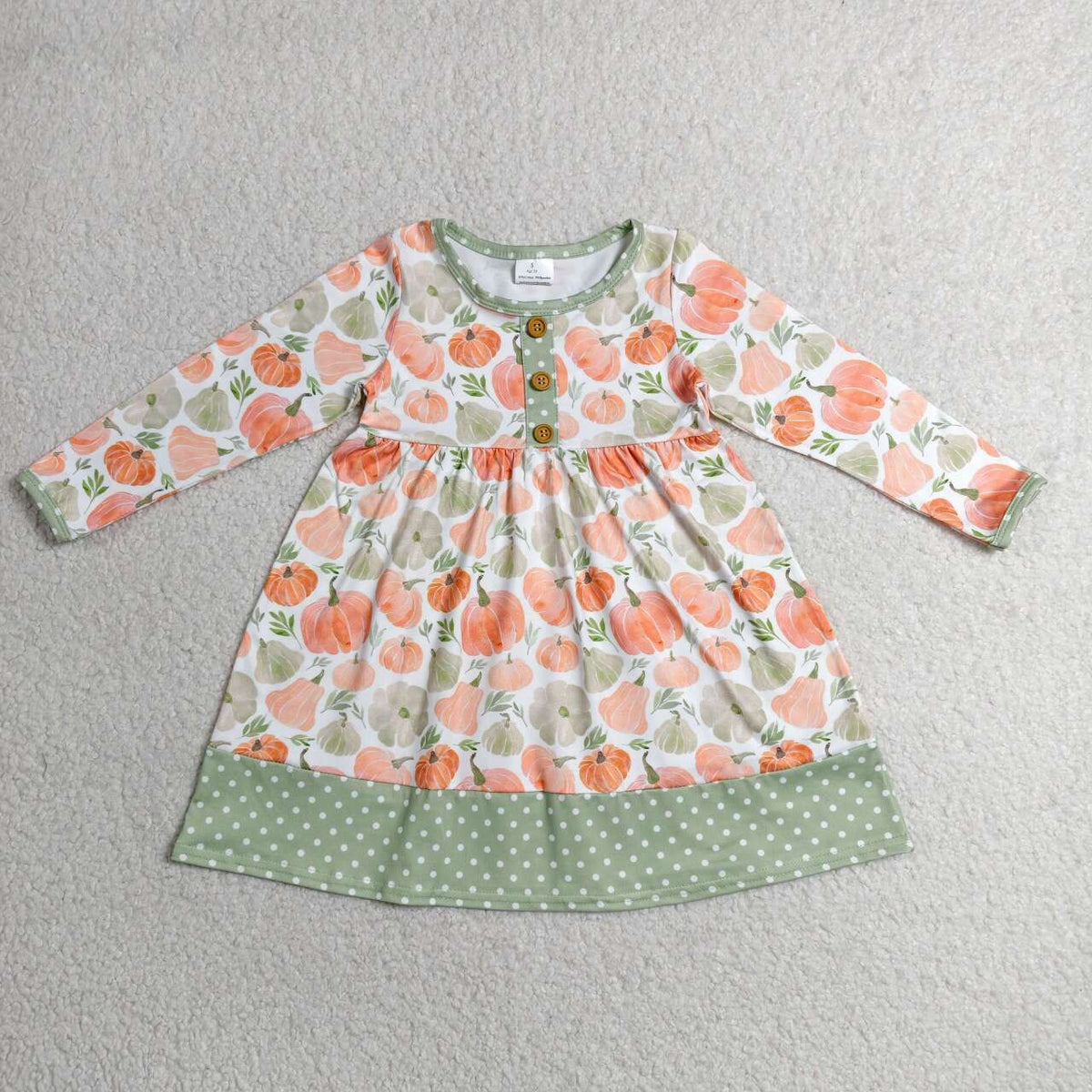 GLD1626 Pumpkin Baby Girls Fall Long Sleeve Knee Length Dress
