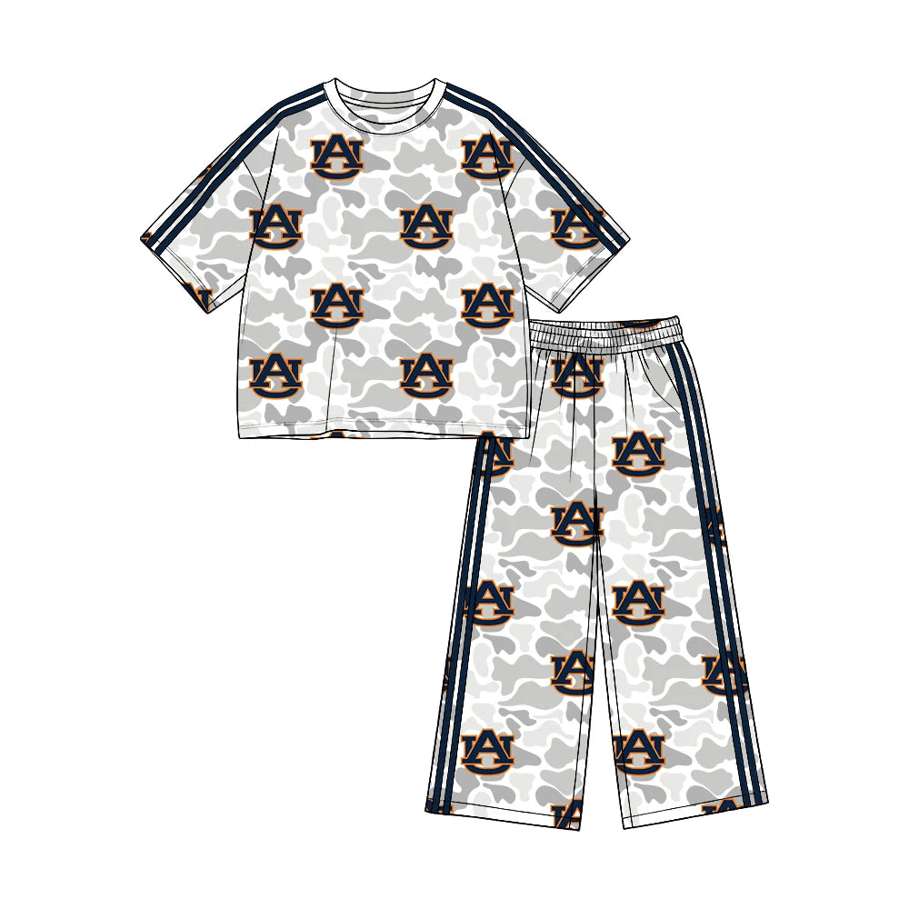 (Custom Design Preorder MOQ 5) Teams Auburn Grey Camo Print Straight Pants Girls Clothes Set