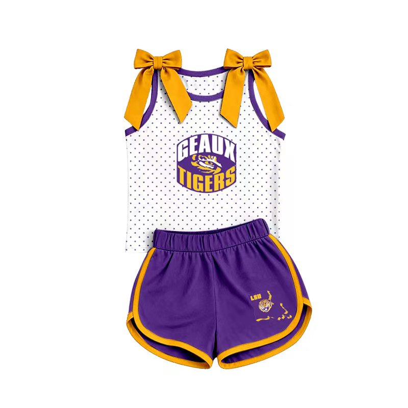 Preorder (moq 5) Baby Girls Geaux Tigers Sleeveless Top Short Team Clothes Sets