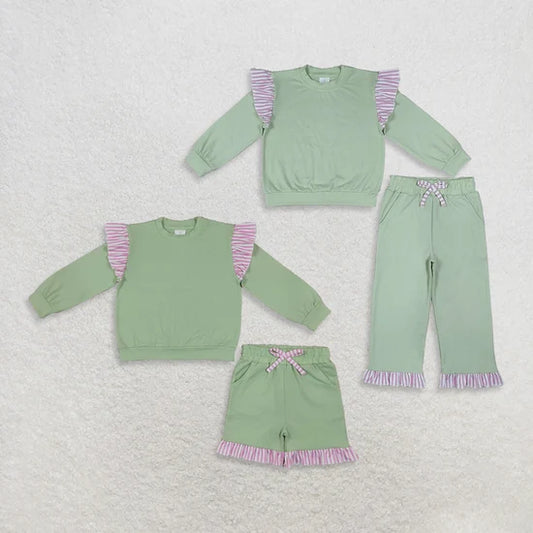 Sibling Kids Girls Light Green Long Sleeve Top with Pants and Shorts Outfit