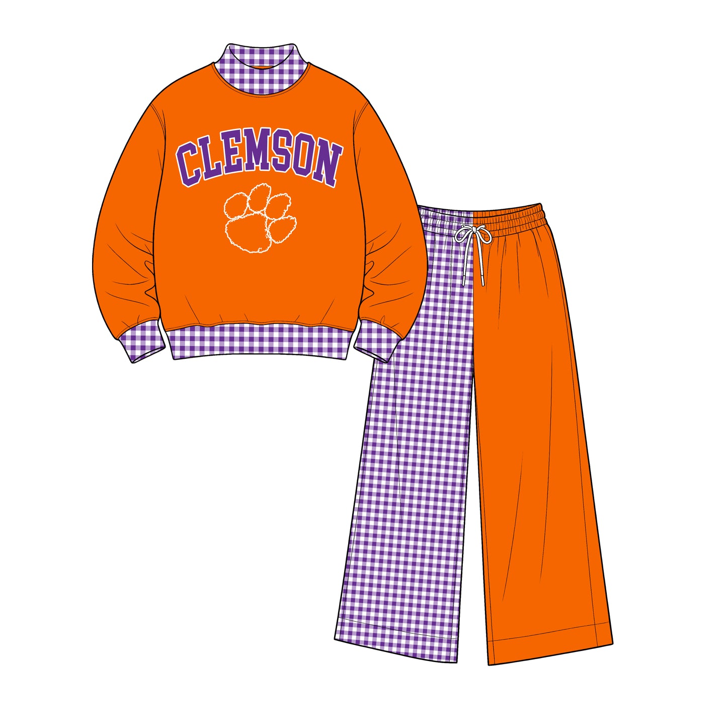 (Custom Design Preorder MOQ 5) Clemson Purple Mock Neck Orange Top with Patch Wide Leg Set
