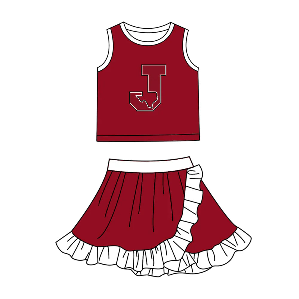 (Custom Preorder MOQ 5) Baby Girls Red J Vest Top Ruffle Skirt Short Team Clothes Sets