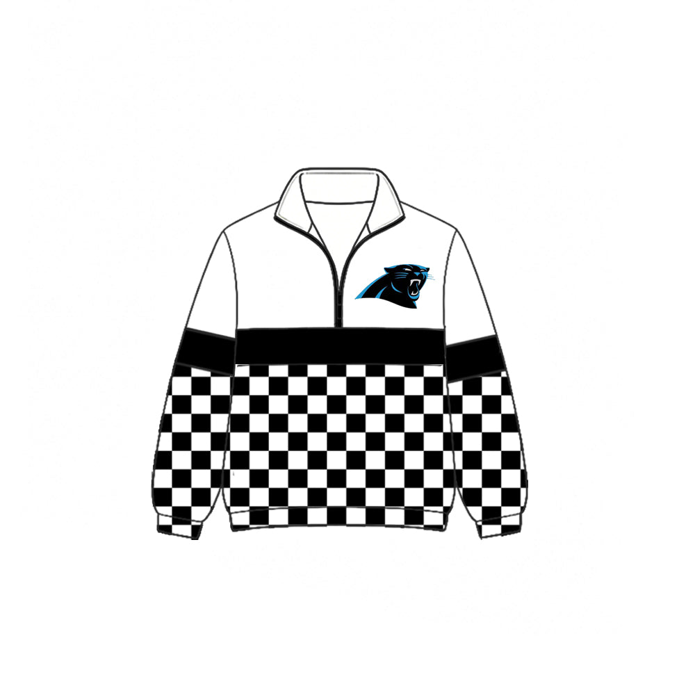 (Custom Design Preorder MOQ 5) Teams Panthers Plaid Print Kids & Adult Long Sleeve Zipper Pullover Jacket
