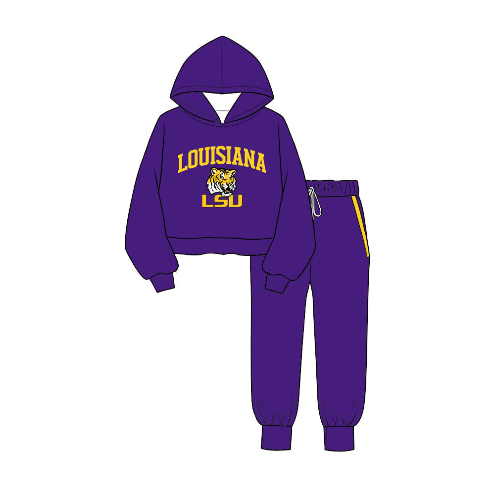 (Custom Design Preorder MOQ 5 ) Boys Louisiana Purple Hoodie Top with Jogger Sport Team Outfit