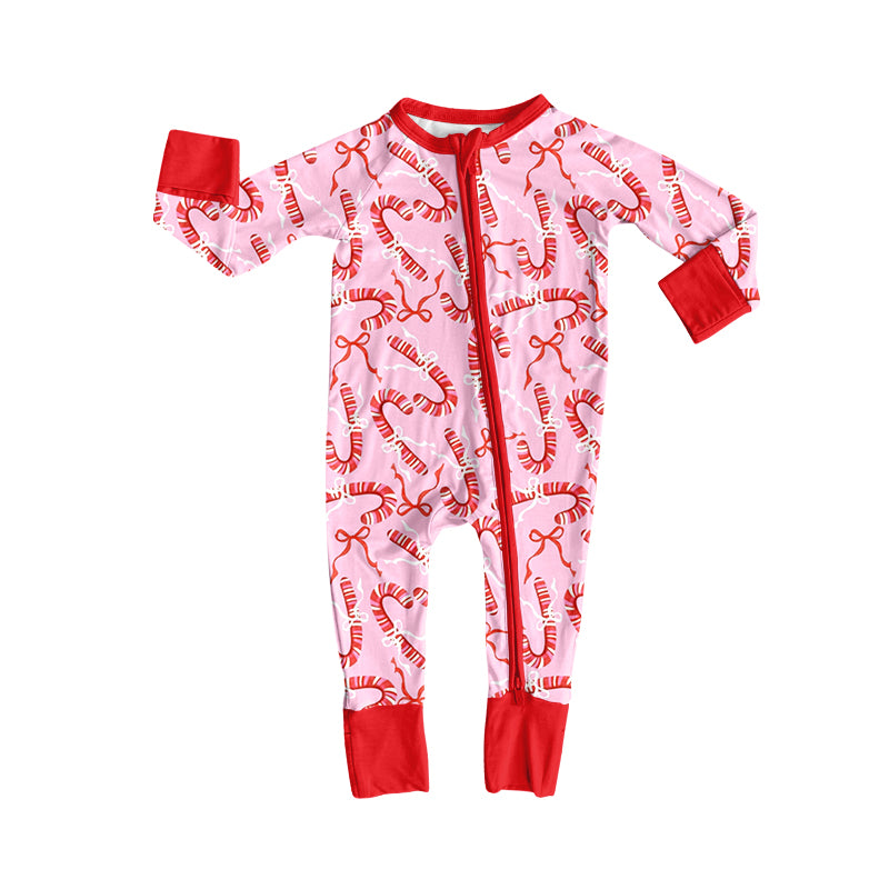 (Custom Design Preorder MOQ 5 ) Candy Cane Bows Print Baby Girls Christmas Zipper Sleeper Romper