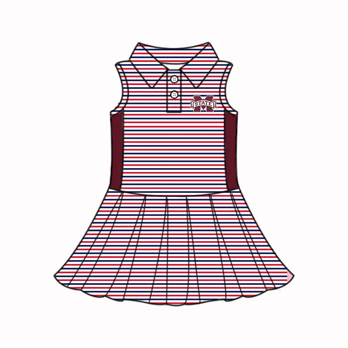 (Custom Design Preorder MOQ 5) Baby Girls Red Stripe M State Button Team Knee Length Dress