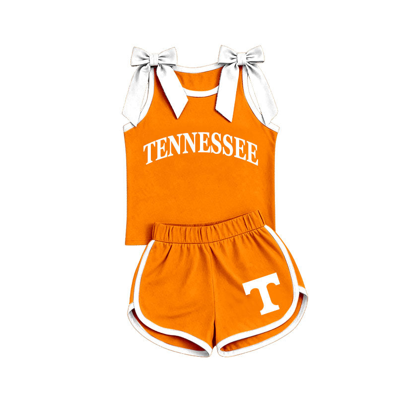 (Custom Design Preorder MOQ 5) Girls Tennessee White Bow Orange Strap Tank & Shorts 2 Piece Outfit