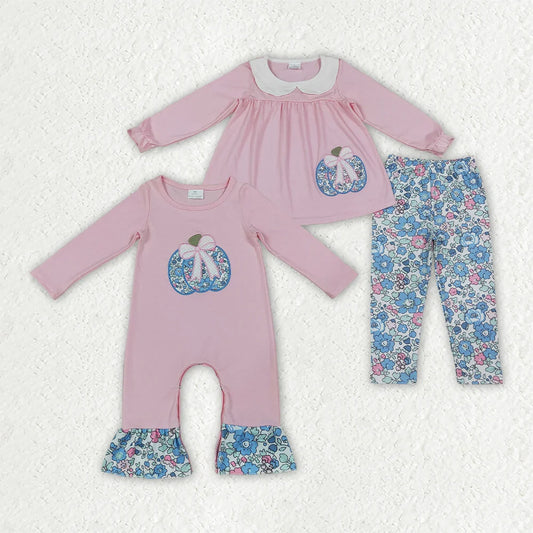 Sibling Baby Girls Embroidery Floral Pumpkin Tunic Top Outfit and Romper