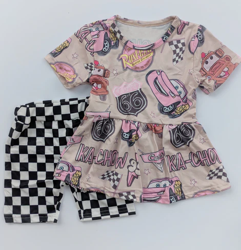(Custom Design Preorder MOQ 5) Cartoon Car Top Plaid Shorts Baby Girls Summer Clothes Set