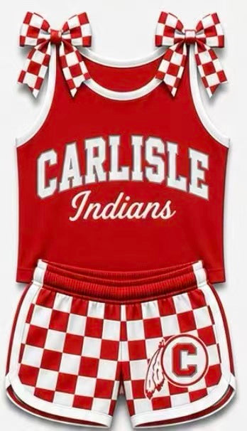(Custom Design Preorder MOQ 5) Girls Carlisle Strap Tank & Red Checked Shorts Sport Team Outfit