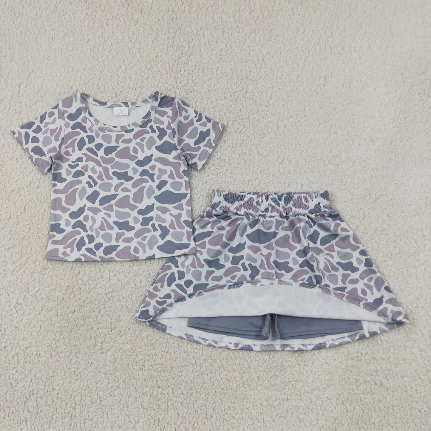 Kids Girls Light Grey Camo Short Sleeve Top with Skort Outfit
