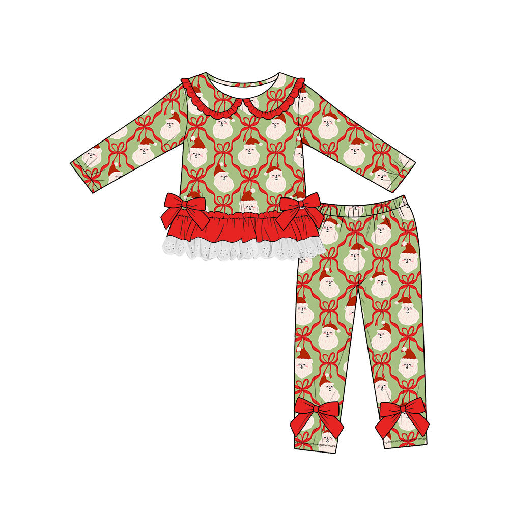 (Custom Design Preorder MOQ 5) Santa Bows Green Ruffle Top Legging Pants Girls Christmas Clothes Set
