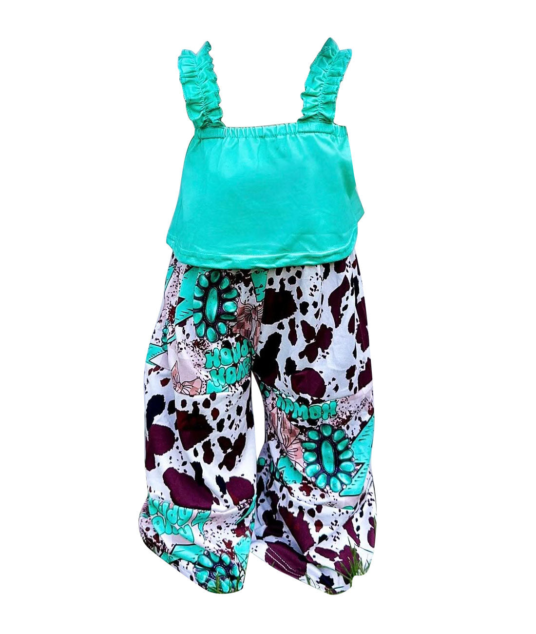 (Custom Design Preorder MOQ 5) Green Crop Strap Top Turquoise Patchwork Pants Girls Summer Western Outfits
