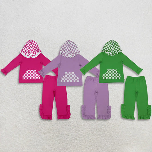 Sibling Kids Girls Solid Cotton Long Sleeve Checked Pocket Hoodie Ruffle Pants Outfit
