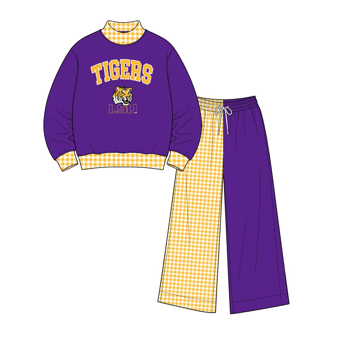 (Custom Design Preorder MOQ 5) Lsu Mock Neck Top with Patch Wide Leg Sport Team Set