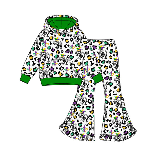 (Custom Design Preorder MOQ 5 Each) Dino Colorful Leopard Print Girls Mardi Gras Clothes Set Sisters Wear